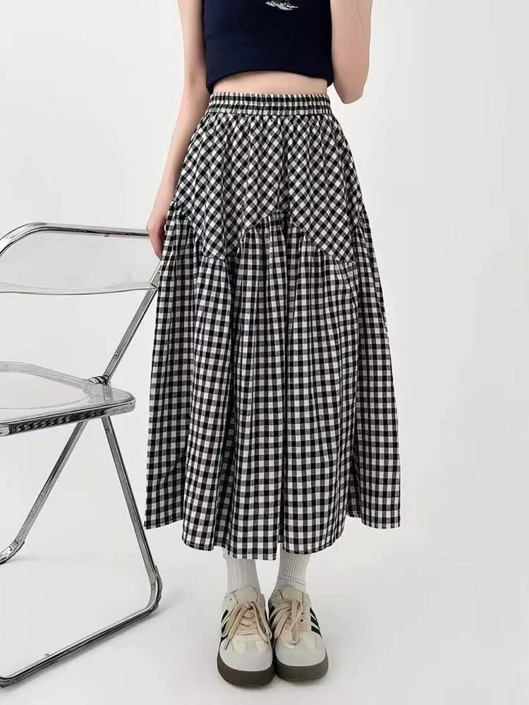 

Vintage Plaid Skirts for Women Summer High Waist Loose A Line Skirts Korean Sweet Preppy Casual Midi Skirts Female New