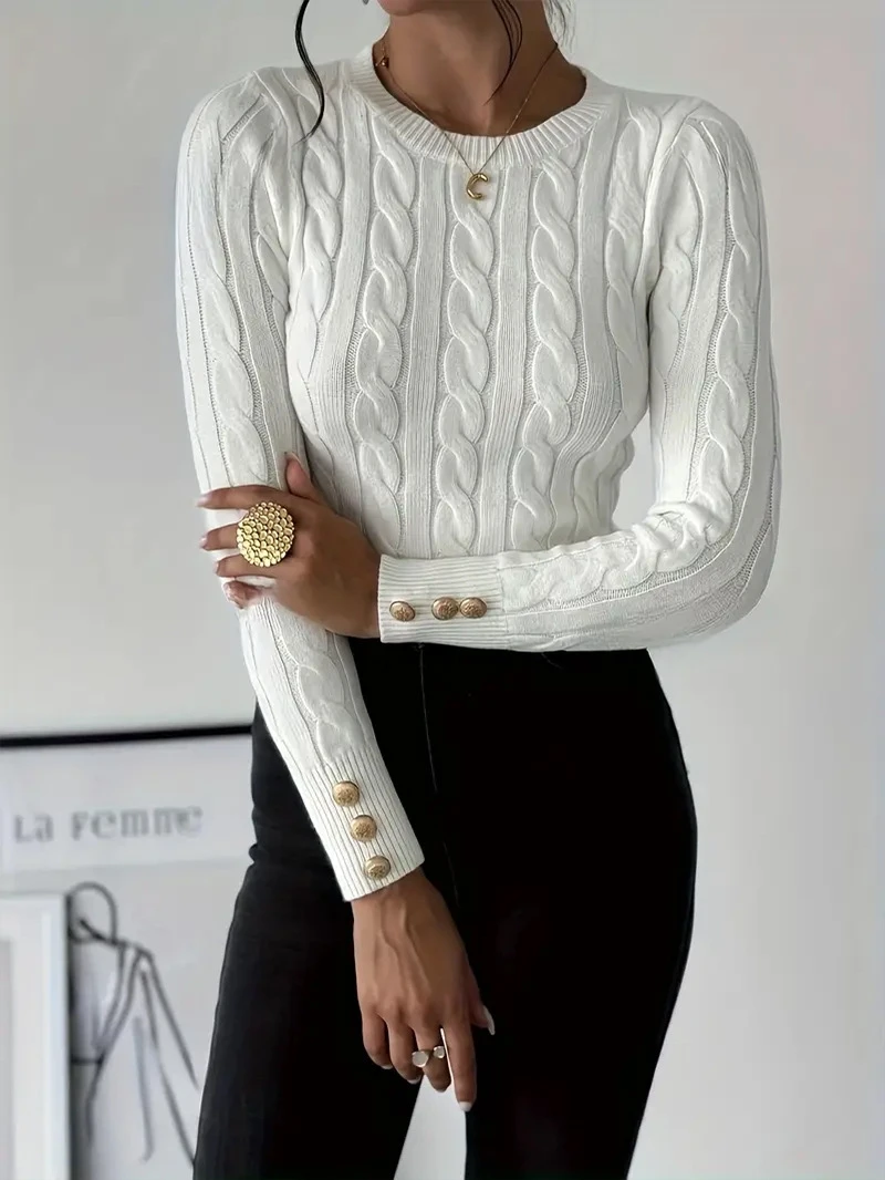 Faionable décontracté tricoté pull rond Ne torsadé haut en laine femmes Premium vêtements trajet Sle Long Sve coupe régulière
