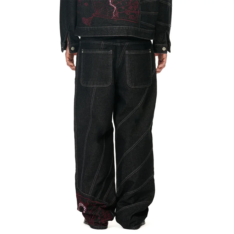 خمر التنين الأحمر الأزهار مروحة نمط التطريز عارضة فضفاض واسعة الساق الجينز Y2K الاتجاه الرجال النساء أزياء مريحة الشارع الشهير