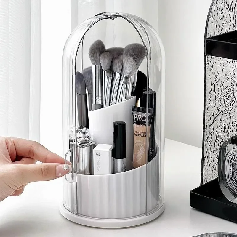 Makeup Brush Holder Organizer 360° Rotating Cosmetic Organizer with Lid Desktop Makeup Organizer Lipstick Eyebrow Pencil Holder