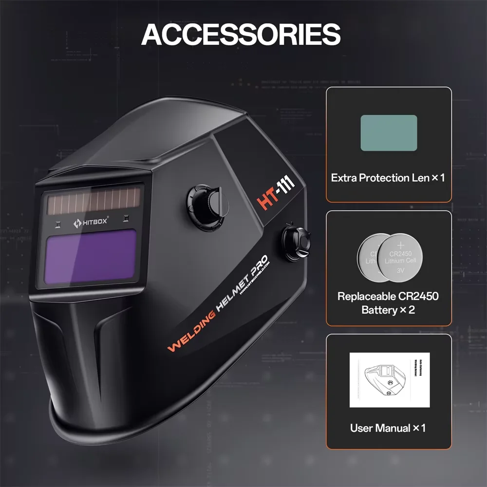 HITBOX Large Viewing Screen Solar Powered Auto Darkening HT111 Welding Helmet PRO ARC Sensor Wide Shade Mask For TIG MIG Welder