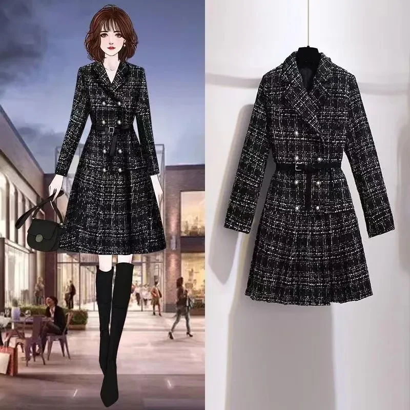 Mid-Length Tweed Jacket Women Overcoat Autumn Winter New Korean Slim plus Cotton Fashion Warm Blazer Trenchcoat Jacket Outwear