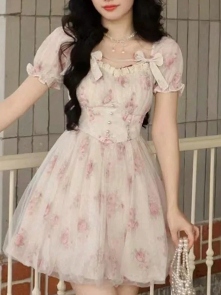 Sweet Floral Print Casual Mini Dress Elegant Chic A-Line Slim Party Birthday Clothes Female Robe Short Vestidos Women's Clothing