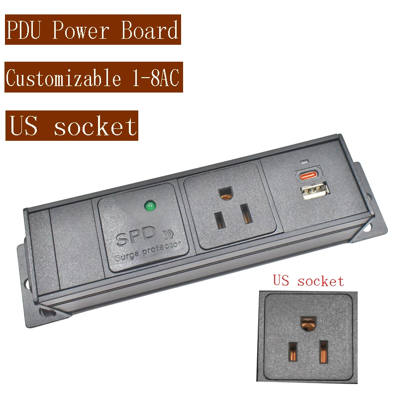 Aluminum alloy shell high-power PDU power board US socket C14 port 1-8AC with surge protection TPC charging