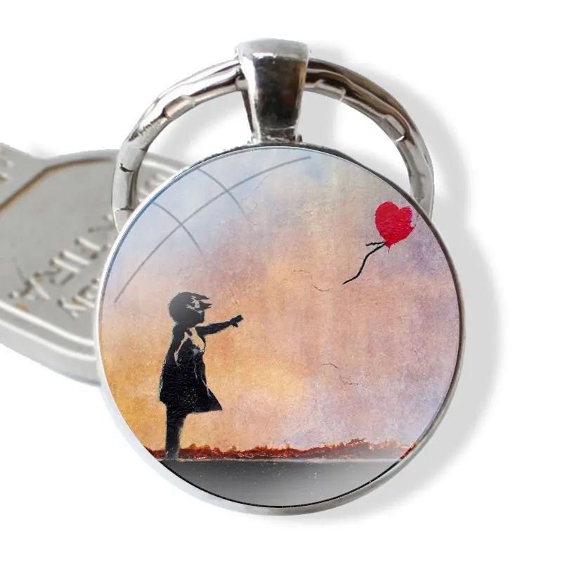 Handmade vidro cabochão chaveiro com balão vermelho, porta-chaves, Banksy menina pingente