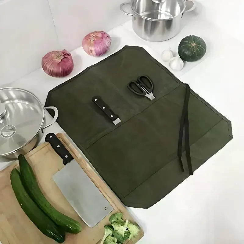 1Pcs Waxed Canvas Chef Knife Roll With Multiple Storage Slots And Durable Construction Perfect For Home Kitchen Outdoore