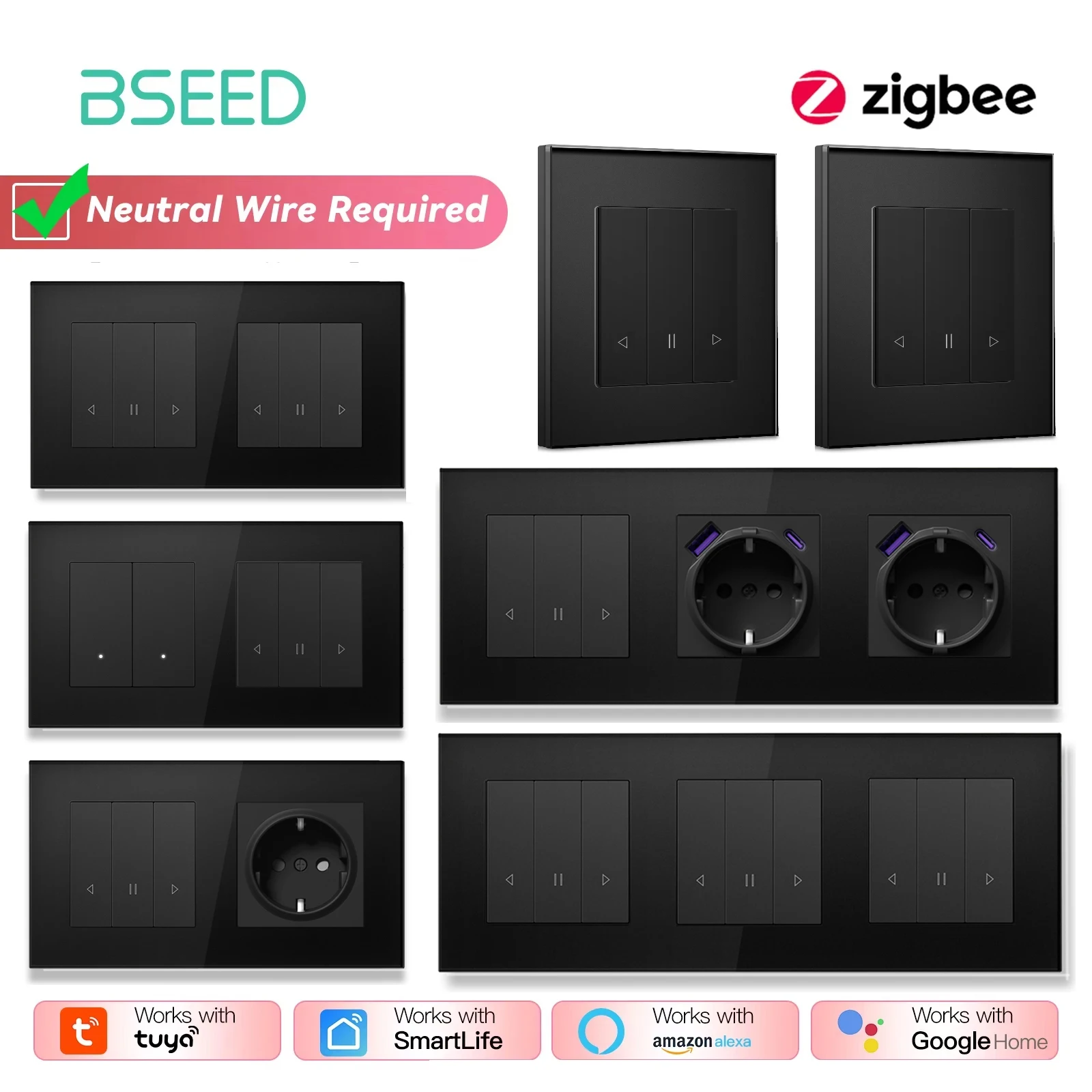 

Серия переключателей для штор BSEED Zigbee, умные выключатели света, желтая подсветка, стекло, переключатели приложения Tuya, настенные розетки европейского стандарта, USB-разъем