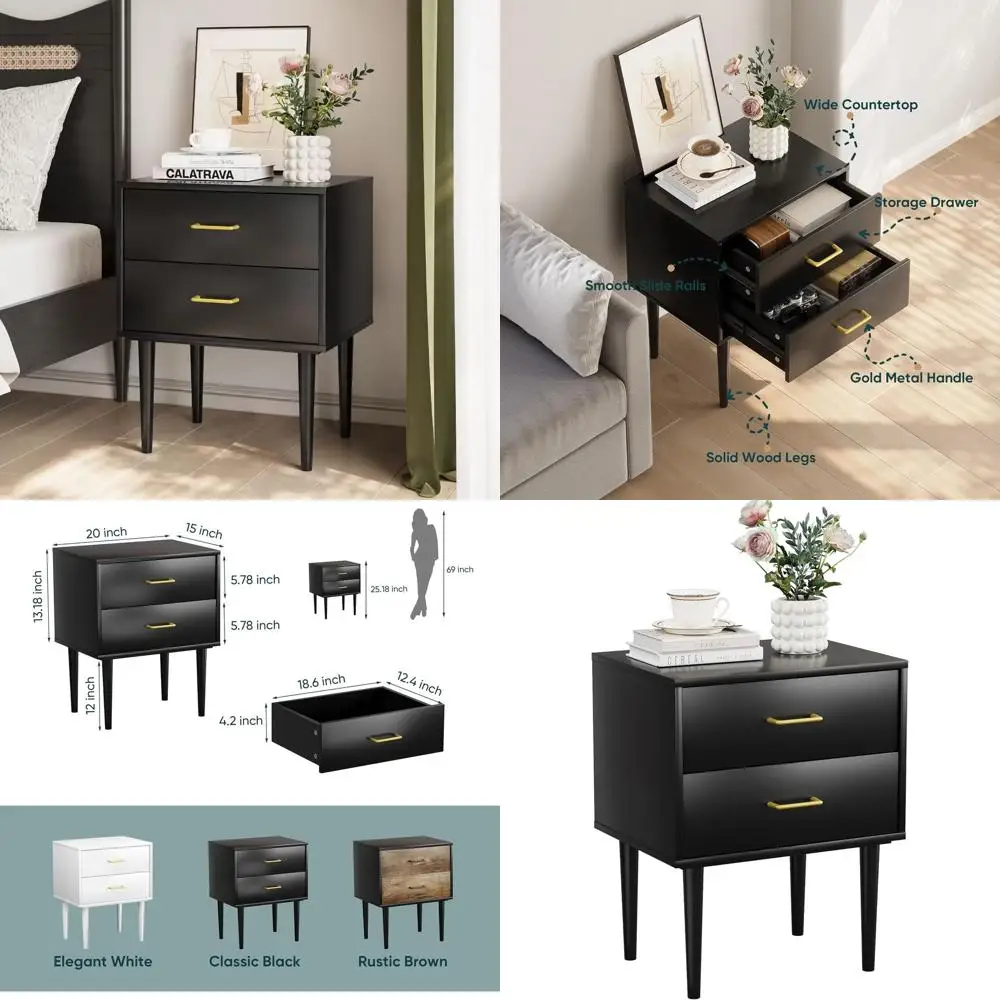 

Contemporary 2-Drawer Nightstand with Gold Handles, 26 High Wood Side Table, Solid Wood Legs, Bedroom End Table with Spacious To