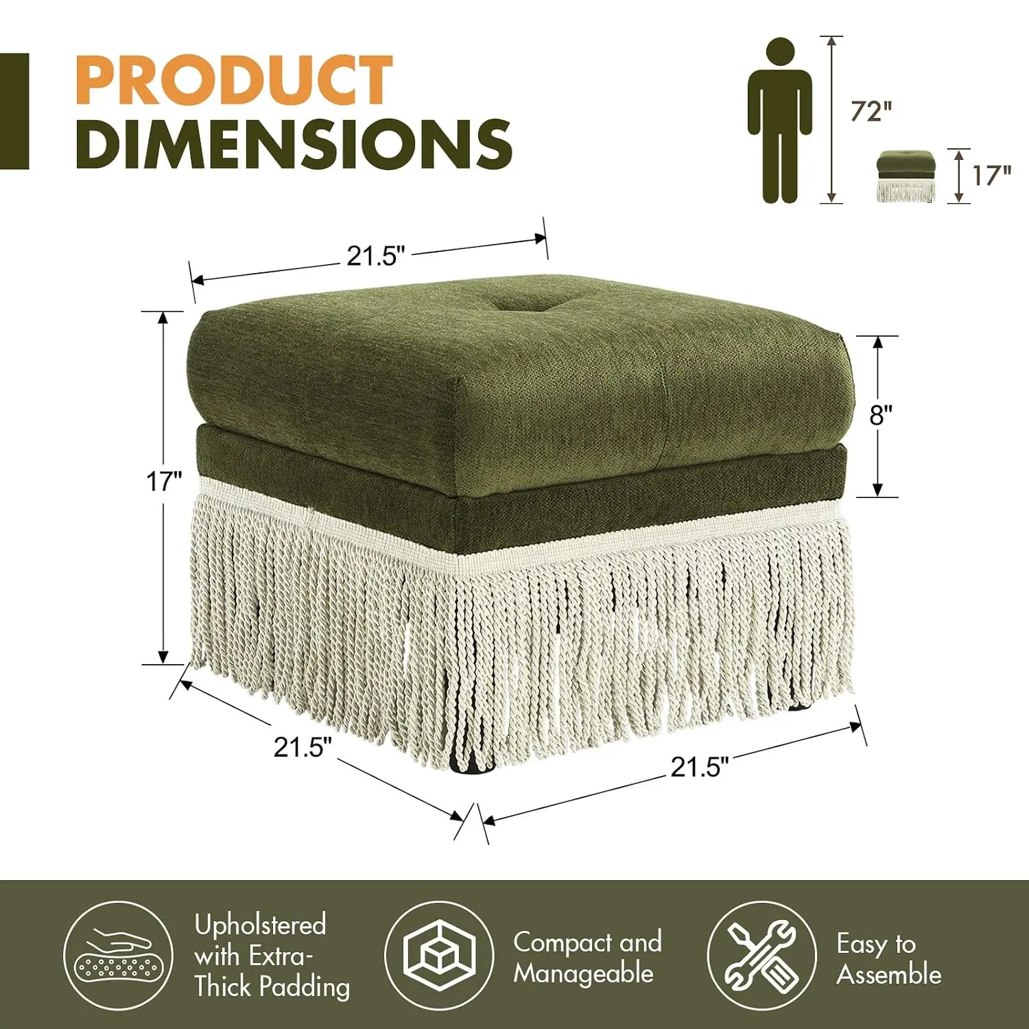 Green Tufted Ottoman Fringe Pouf Footrest Living Room Bedroom Vintage Boho Stool Small Seating, Customized