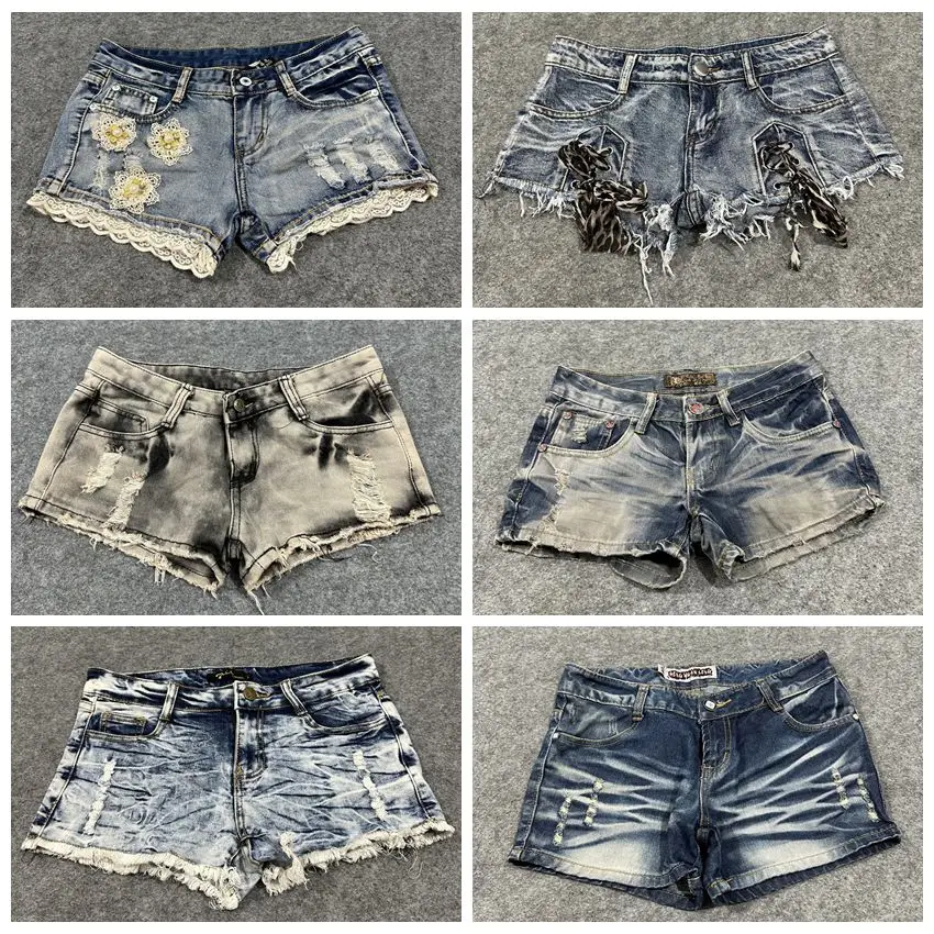 

Low Waist Vintage Denim orts Waed out Light Color Millennium Sexy Wave Patterned Hole Cut out Super ort Summer orts