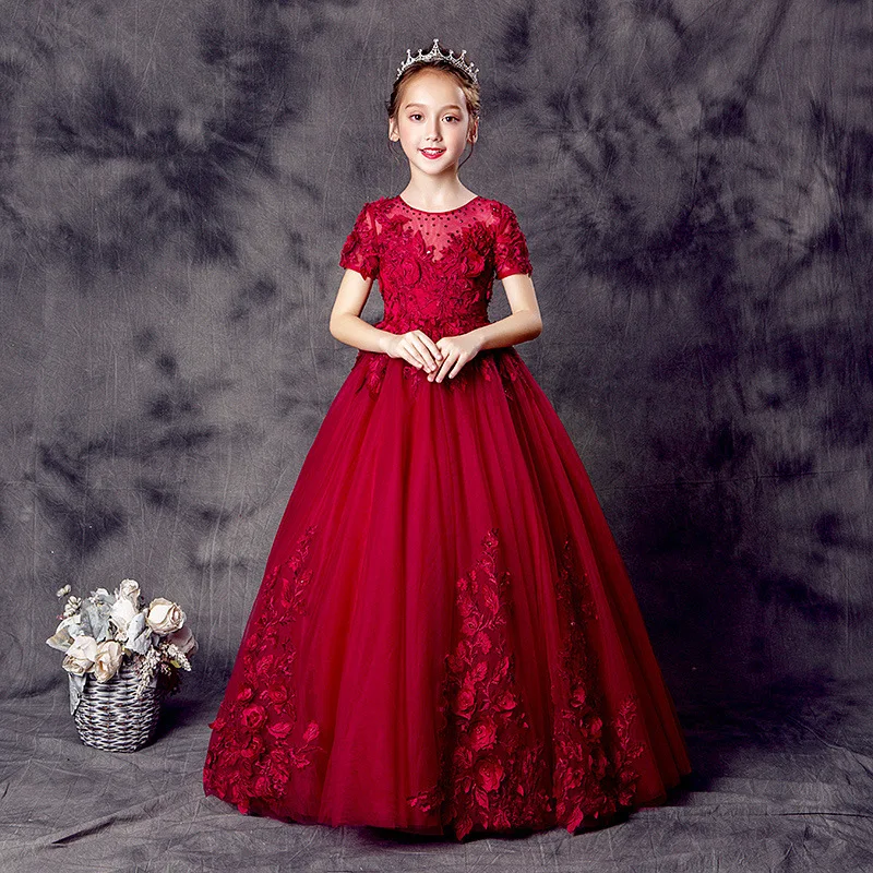 

2025 for Toddler Girls Wine Red Elegant Evening Long Dress 3 To 12 Years Child Birthday Party Frock Female Gown Princess Dresses