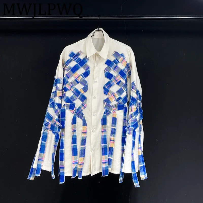 

MWJLPWQ Lace Up Design 2025 New Plaid Patchwork Shirt For Men Lapel Single Breasted Women Loose Casual Long Sleeve Tops 12182