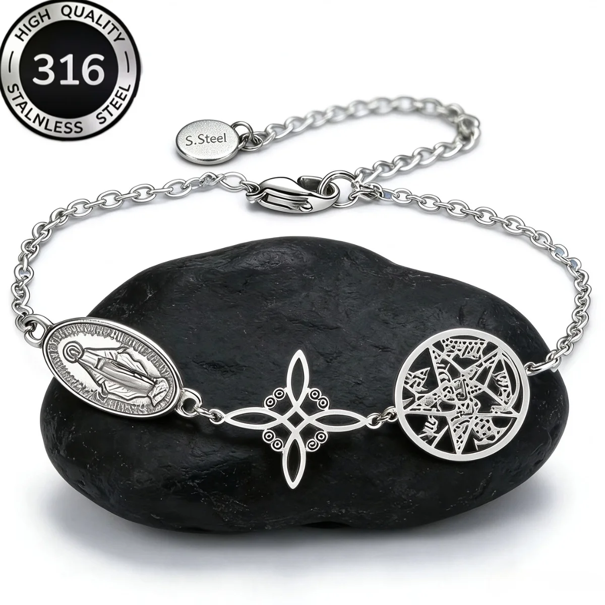 Edelstahl-Armband mit dreifacher Schutzfunktion, silberfarben, Jungfrau Maria, Hexenknoten, Pentagramm, Tetragrammaton, Handgelenkschmuck – Detail 3
