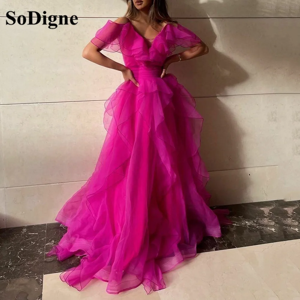 

SoDigne Women Evening Dresses Vestidos De Fiesta Tiered pleats Puff Organza Arabic Dubai Formal Gowns Long Evening Gowns