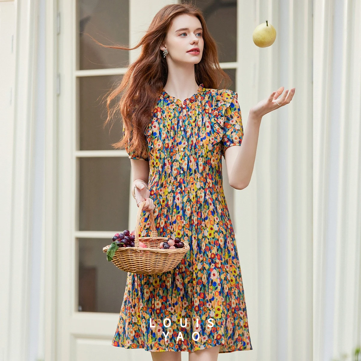 

LOUISYAO Floral Print Dress Women 2026 Summer New Arrival Retro Fashion Non-stretchy Pull On Short Style Ladies Casual Dress