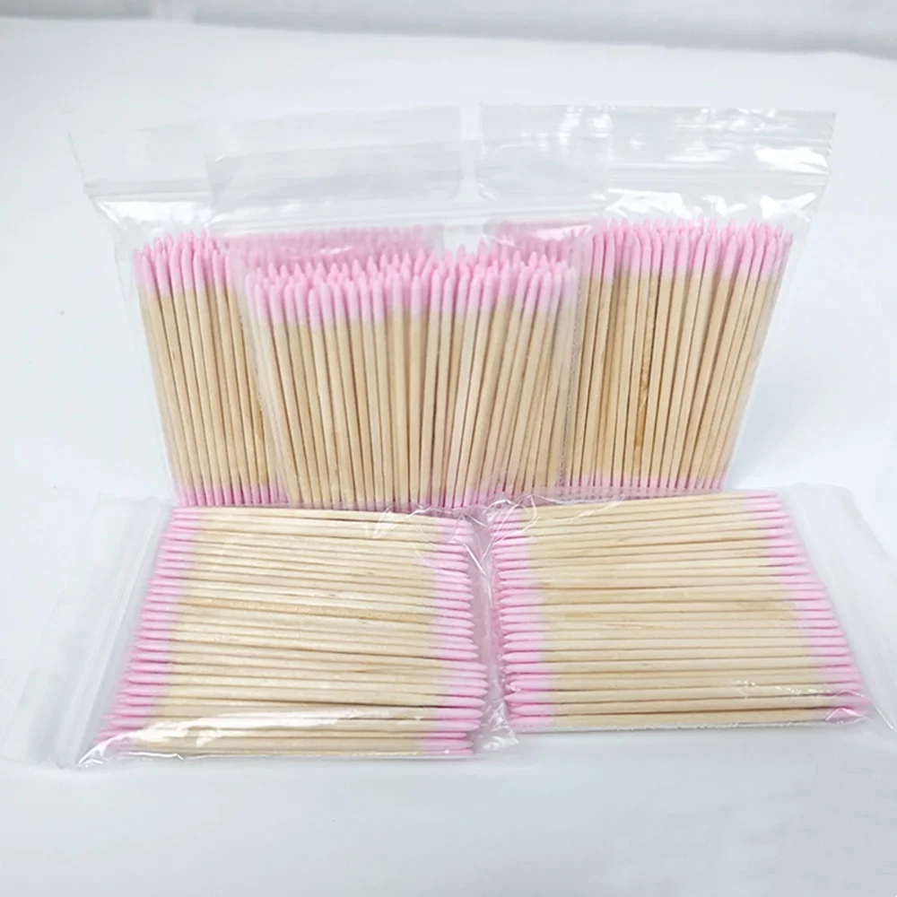 100/300/500 sztuk drewniane waciki do paznokci różowe z bawełnianą końcówką do Manicure zmywacz do paznokci i narzędzie do korekcji szczegółów do materiałów technicznych do paznokci