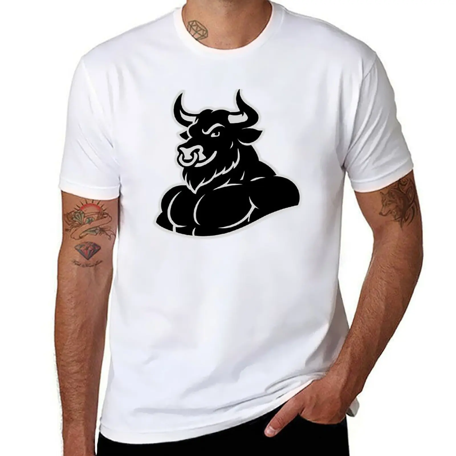 

Handsome Anthro Furry Bull Black and White Art T-Shirt graphic t shirts for man man t shirts cotton T-Shirt
