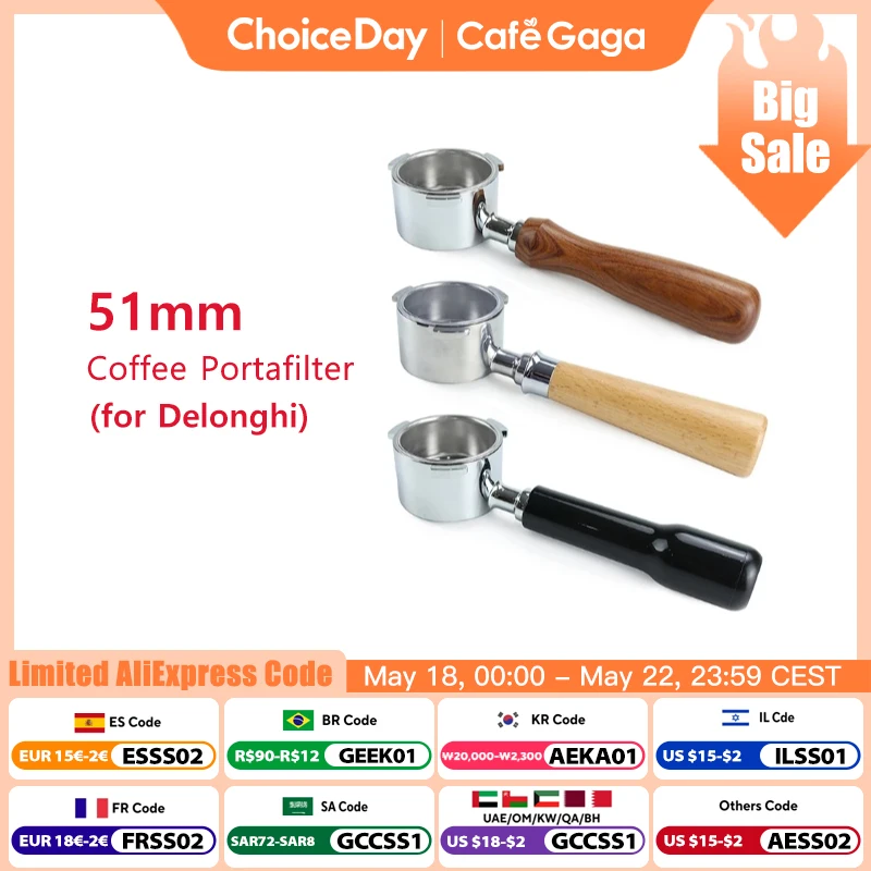 Portafiltro sin fondo para café de 51mm, mango de madera para Delonghi Dedica ec680 ec685, cesta de filtro de repuesto, accesorios para Barista