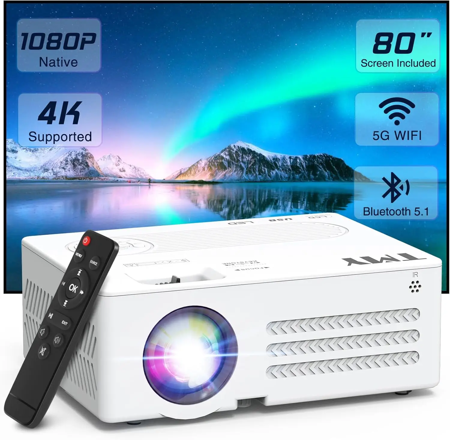 

1080P WiFi Bluetooth Projector with 80" Screen, Portable for Indoor Outdoor Use, iOS Android PC TV Compatible