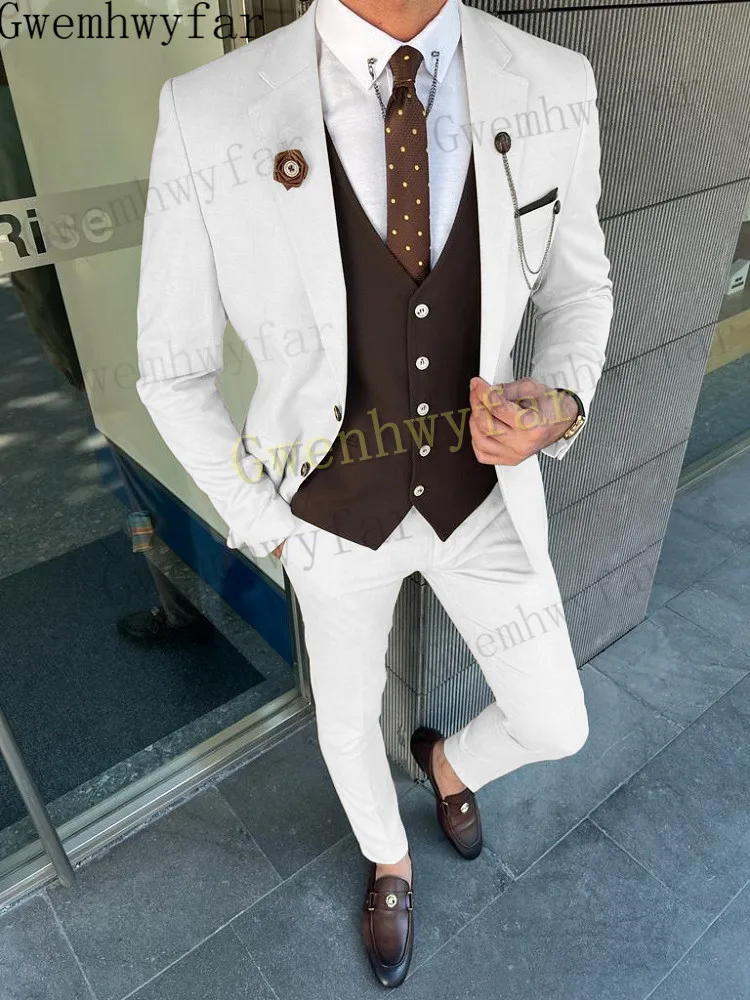 

Gwenhwyfar Business Mens Suits Slim Fit 3 Pieces Tuxedos Terno Masculino Groom Wedding Prom Evening Blazer Jacket+Vest+Pants