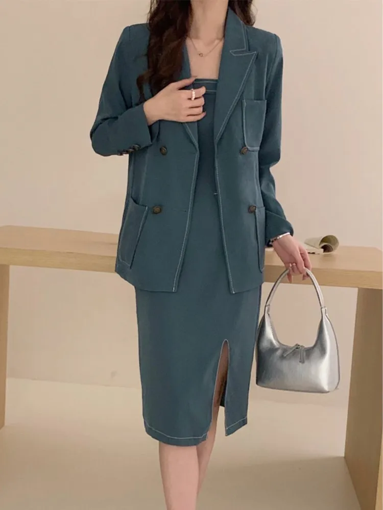 Autumn Fashion Elegant Women Dress Set Casual Solid Blazer Jackets Sleeveless Midi Dress 2 Pieces Set Female Outfits Clothes