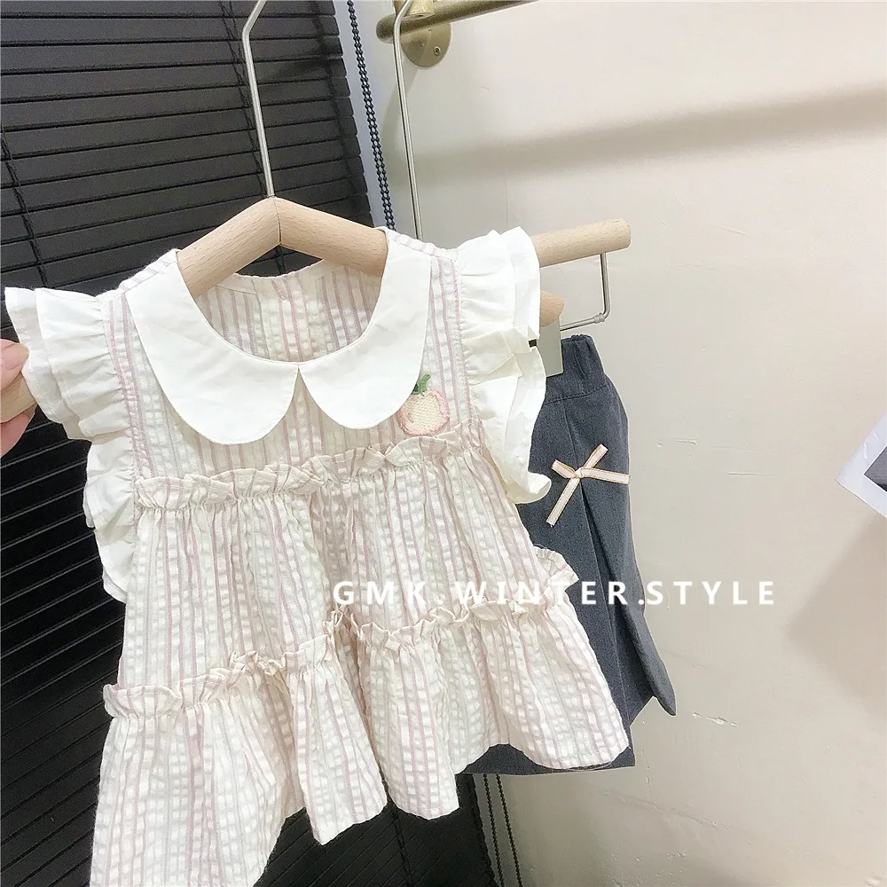 مجموعات الأطفال فتاة الصيف قميص تنورة قصيرة قطعتين تحلق كم موضة المد 2024 رفض طوق مرونة الخصر #4