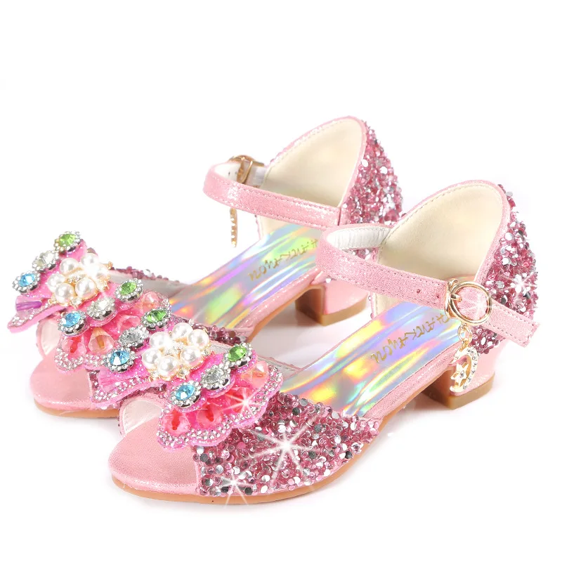 Summer Girls' Sandals Colored Diamond Princess Shoes 2024 New Children's High Heels Kids Bowknot Students Perform Dance Shoes