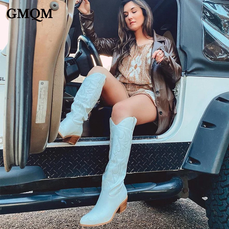 GMQM Fashion Women Shoes Knee High Boots Vintage Cool Cowgirls Cowboy Western Boots Suede Leather PU Chunky Heels Pointed Toe