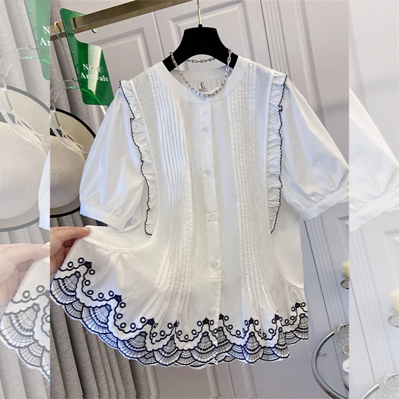 

Женские топы больших размеров, блузки с пышными рукавами и оборками, плиссированная рубашка с вышивкой в стиле пэчворк, женская летняя универсальная повседневная свободная рубашка