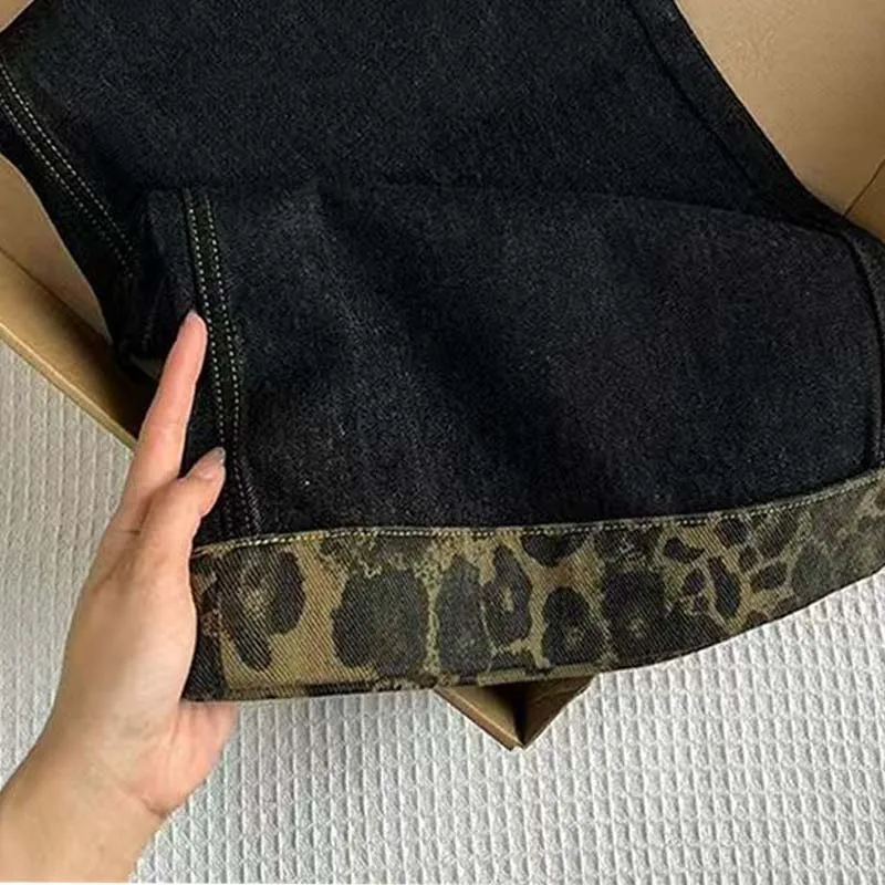 레트로 레오파드 프린트 여성용 청바지 가을 패션 와이드 레그 팬츠 Y2K 걸 하이웨이스트 루즈 스트레이트 팬츠 캐주얼 데님 바지