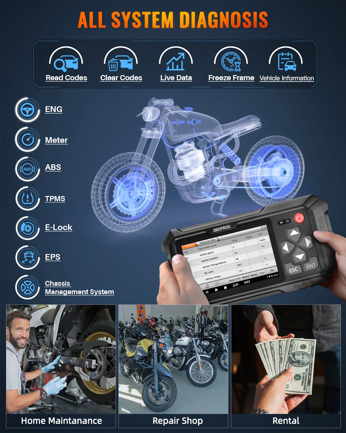 OBDPROG MOTO 100 Motorcycle Scanner Full System Diagnosis ECU Coding 5000+ Motorcycle Models Coverage Auto Motorcycle Analysis