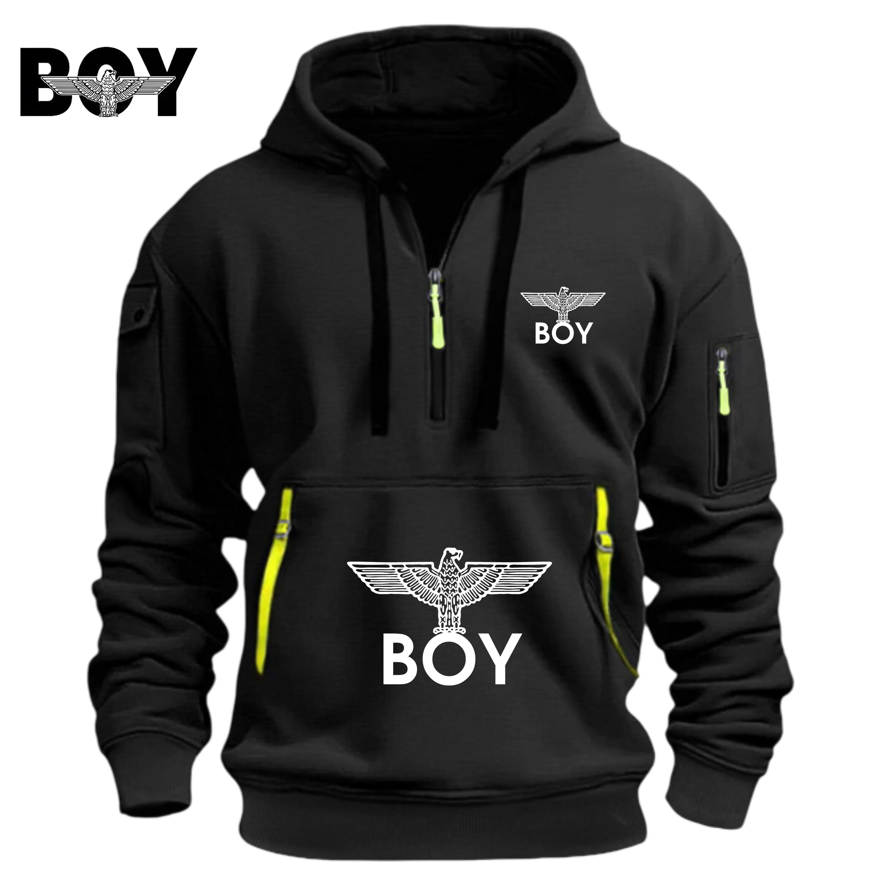 BOY Eagle Embroidered Men's Loose Hooded Casual Jacket, with multiple pockets, fashionable sweatshirt for autumn and winter, sle