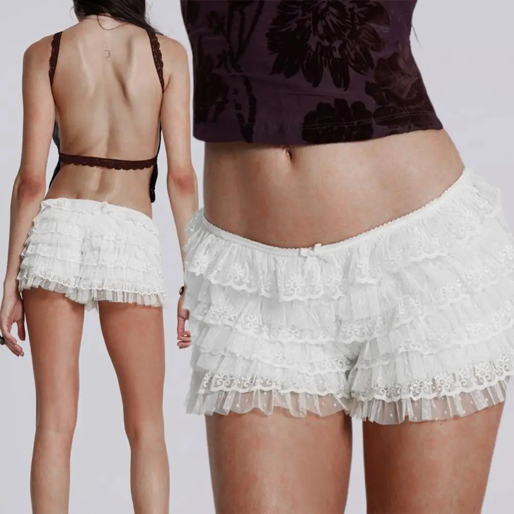 Sexy Mini Skort Skirts Women Lace Ruffle Mini Shorts Elastic Low-rise Solid Color Layered Ruffle Shorts