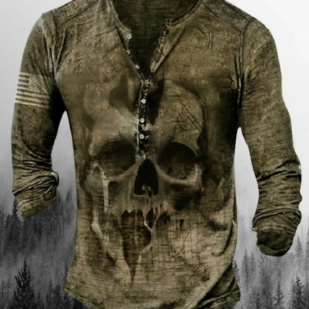 Button-Up V-Neck Vintage Skull 3D Printed Short Sleeve Goth T-Shirt Men Punk Street Wear Men Oversized Brazilian Spanish T-Shirt