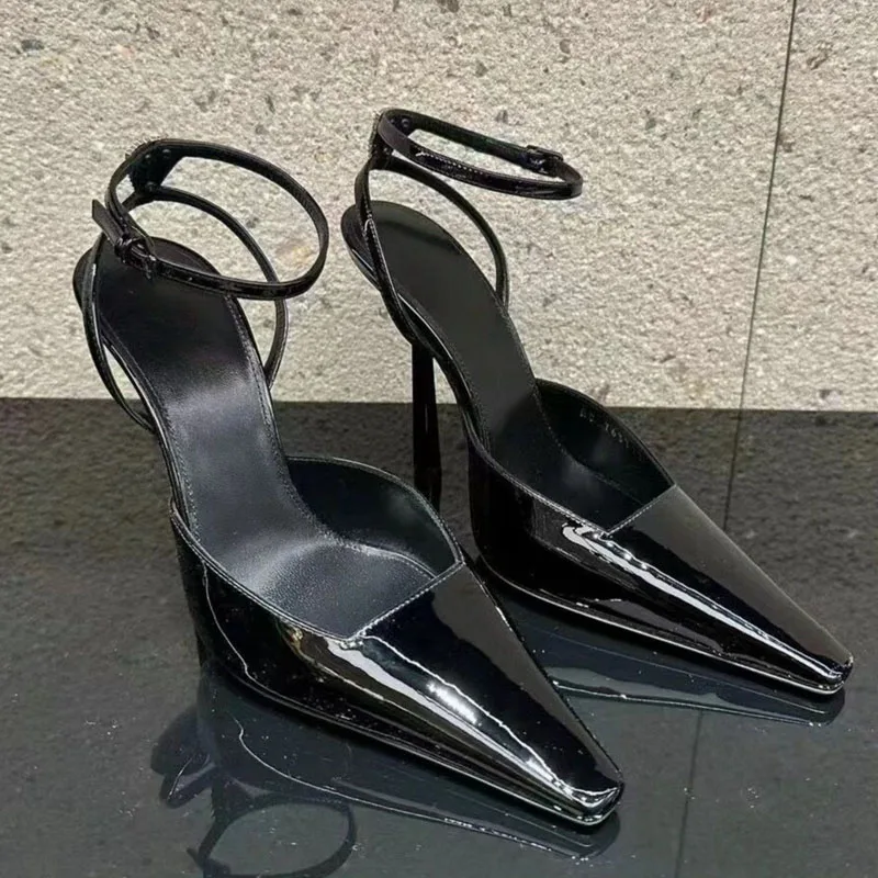 Arden Furtado Summer Patent Leather Pointed toe Stiletto Belt buckle Crystal Super high heel word-cingulate Closed toe Sandals