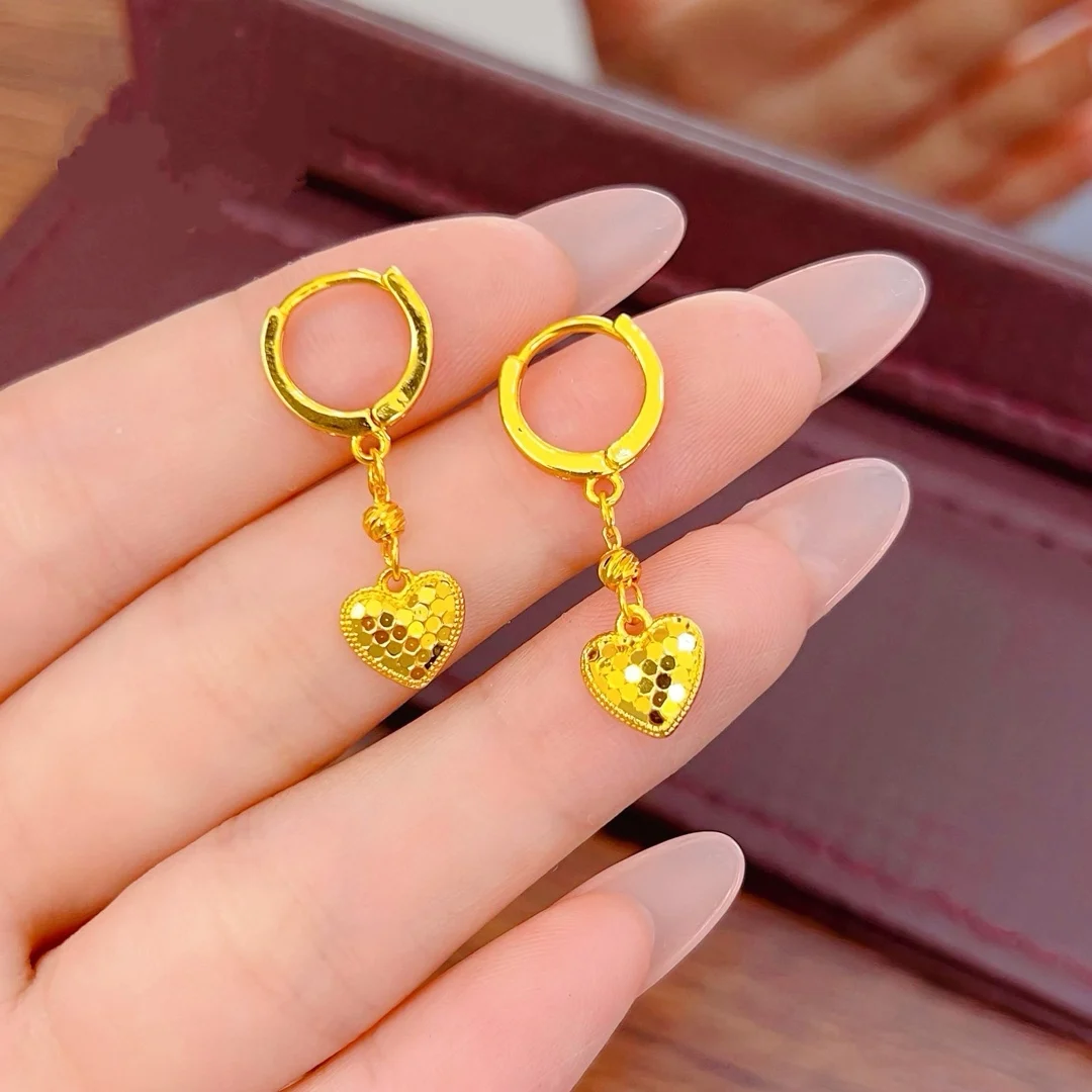 Versatile Double Heart Dragon Scale Gold Stud Earrings Women 24K Gold AU999 Suitable for All Outfits
