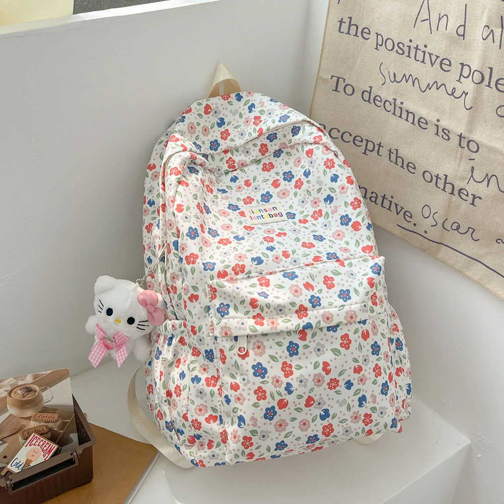 Japanese Floral Pattern Aesthetic Backpack Large Capacity Student Daypack Lightweight Casual Knapsack Teen Girls College Mochila