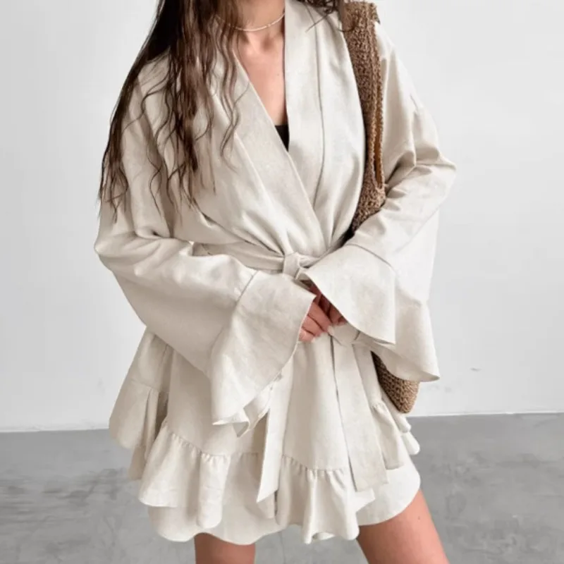 

Cotton Linen Two Piece Sets Women Ruffled Lace-up Long Sleeve Cardigan Tops Shorts Loose Pajamas Comfortable Nightwear Suits