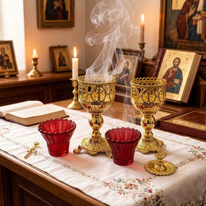 Gold Plated Church Sanctuary Lamp with Red Glass Votive Holder for Catholic Christian Altar Prayer Room Religious Service Decor