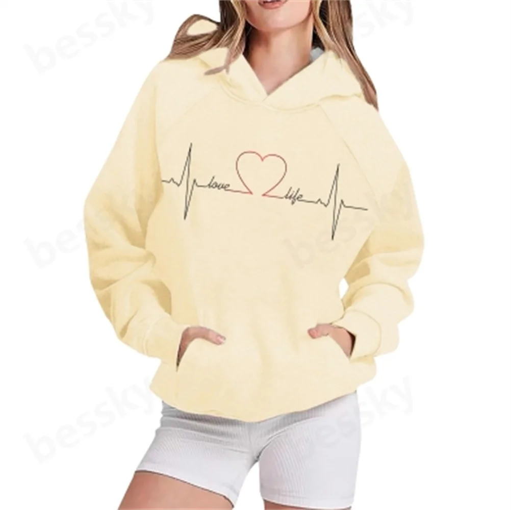 

Ladies Long Sleeve Heart Printed Solid Hooded Pullover Sweatshirt Comfortable Streetwear for Women