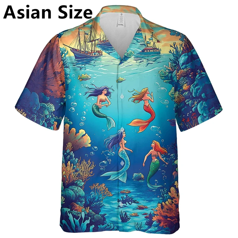 Colorful Mermaid Graphic Shirts For Men Summer Casual Lapel Button 3D Printed Short Sleeve Shirt Fashion Streetwear Loose Blouse