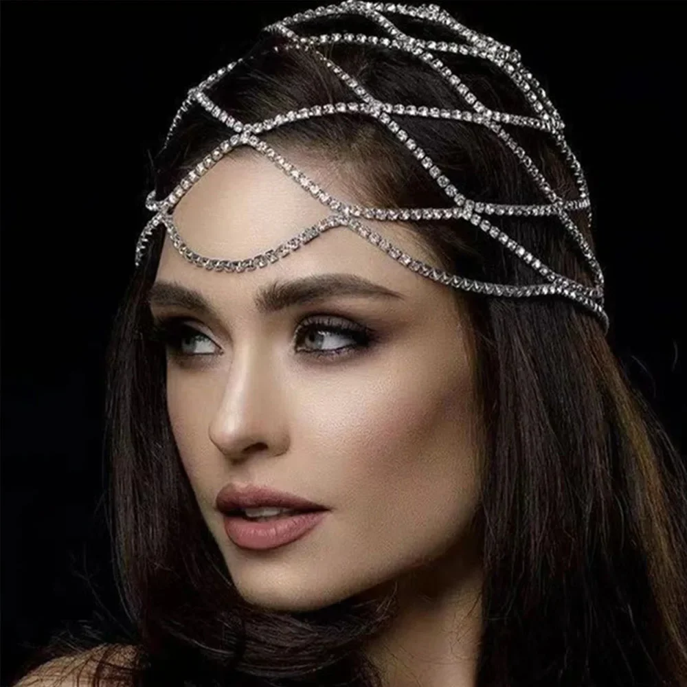 2024 Hollow Wedding Rhinestone Head Chain Mesh Headpiece Bridal Jewelry Crystal Headband Head Cap Hat Luxury Hair Accessories