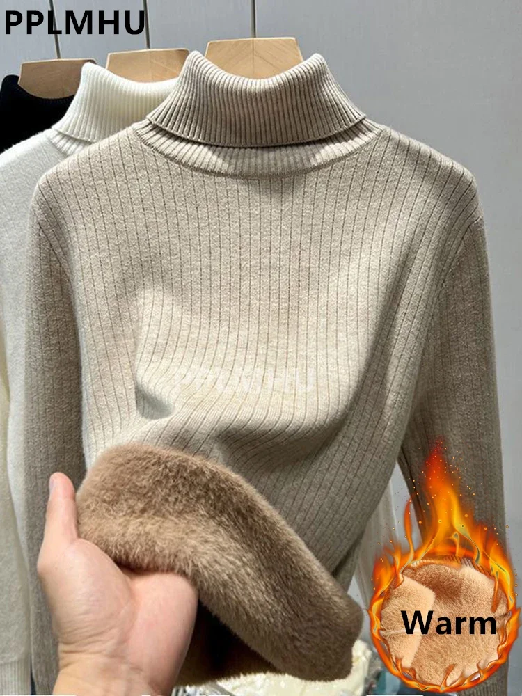 Warm Knit Pullover New Thicken Turtleneck Sweater For Winter Women Casual Slim Plush Lined Soft Long Sleeve Knitwear Jumper Tops