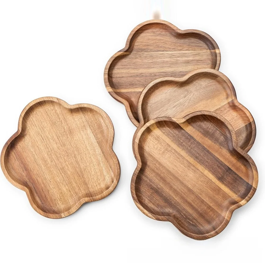 Wood Tray Featuring Flower Design and Multi Compartment Plate for Serving For Coffee Tea and Snacks at Home or Outdoors