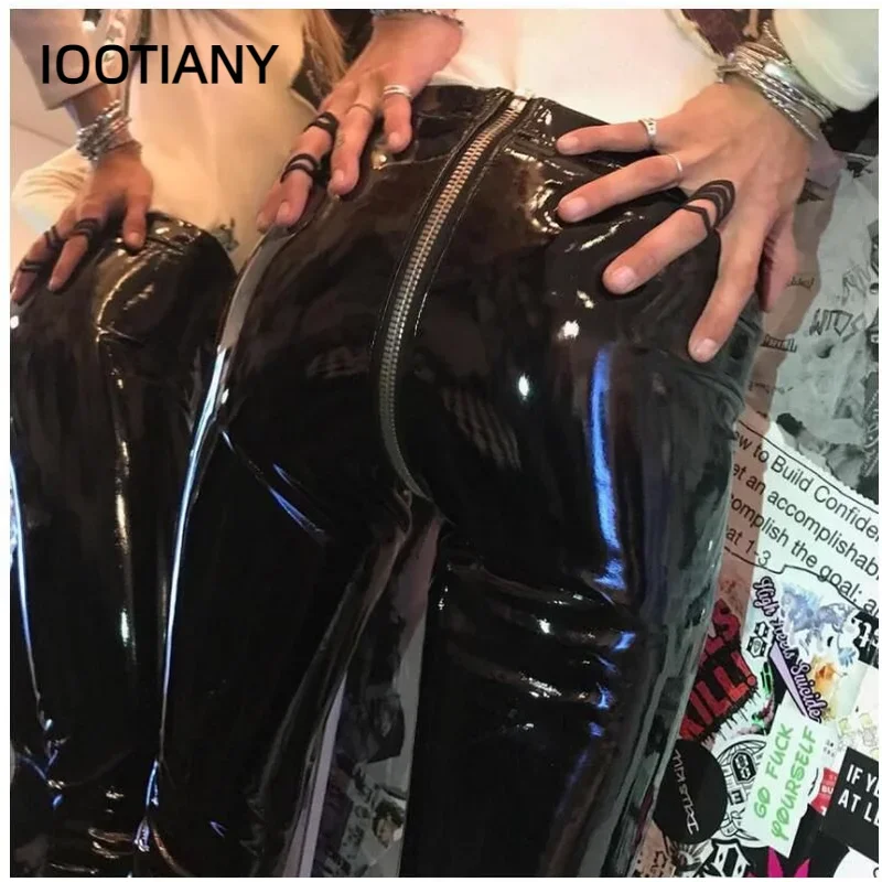 CosplaySexy أحمر أسود بولي PU فو الجلود بناطيل ضيقة مفتوحة المنشعب طماق المرأة سستة مفتوحة المنشعب سليم بنطلون