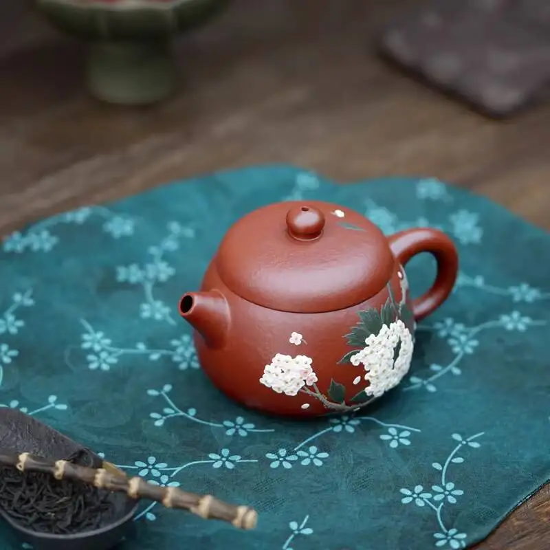 [Changtao]Yixing Zisha Handmade Tea Pot Li Xiaolu Zhu Clay Painted Hydrangea Round Harmony 190Cc