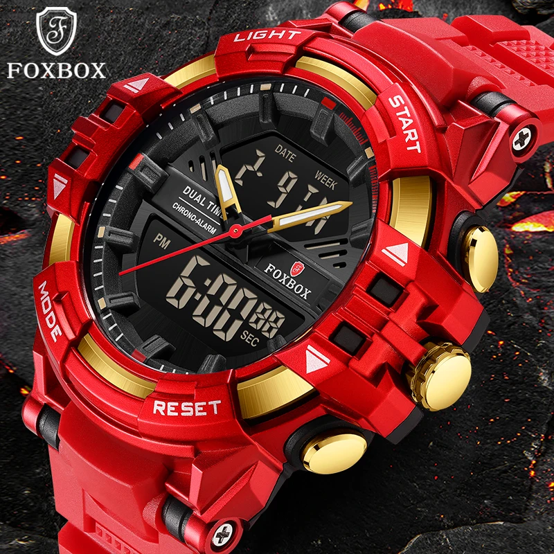 LIGE 2024 Classic Red Quartz Men Watch FOXBOX Fashion Sport Military Digital Watches for Men Waterproof Chronograph Reloj Hombre