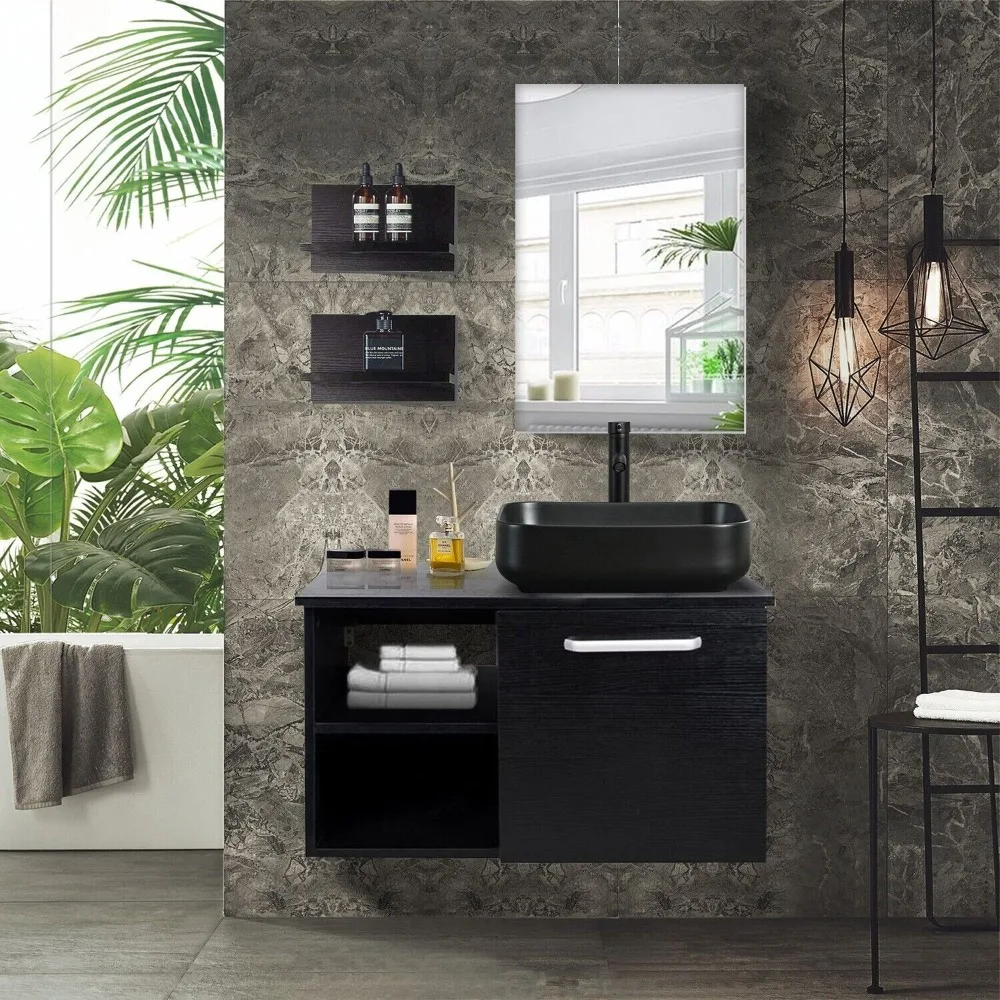 

28'' Floating Bathroom Vanity Black Cabinet with Sink Vessel Side Shelves Mirror