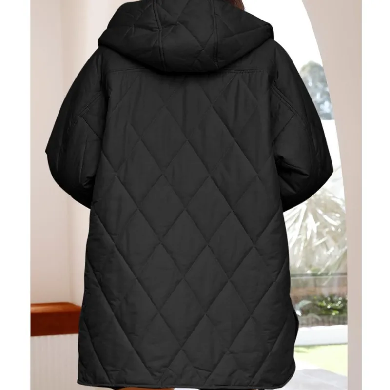 Cappotto da donna con cappuccio regolabile caldo e allentato, maniche lunghe, monopetto, prese d'aria laterali sull'orlo, giacca con tasca, cappotto nuovo chic primaverile