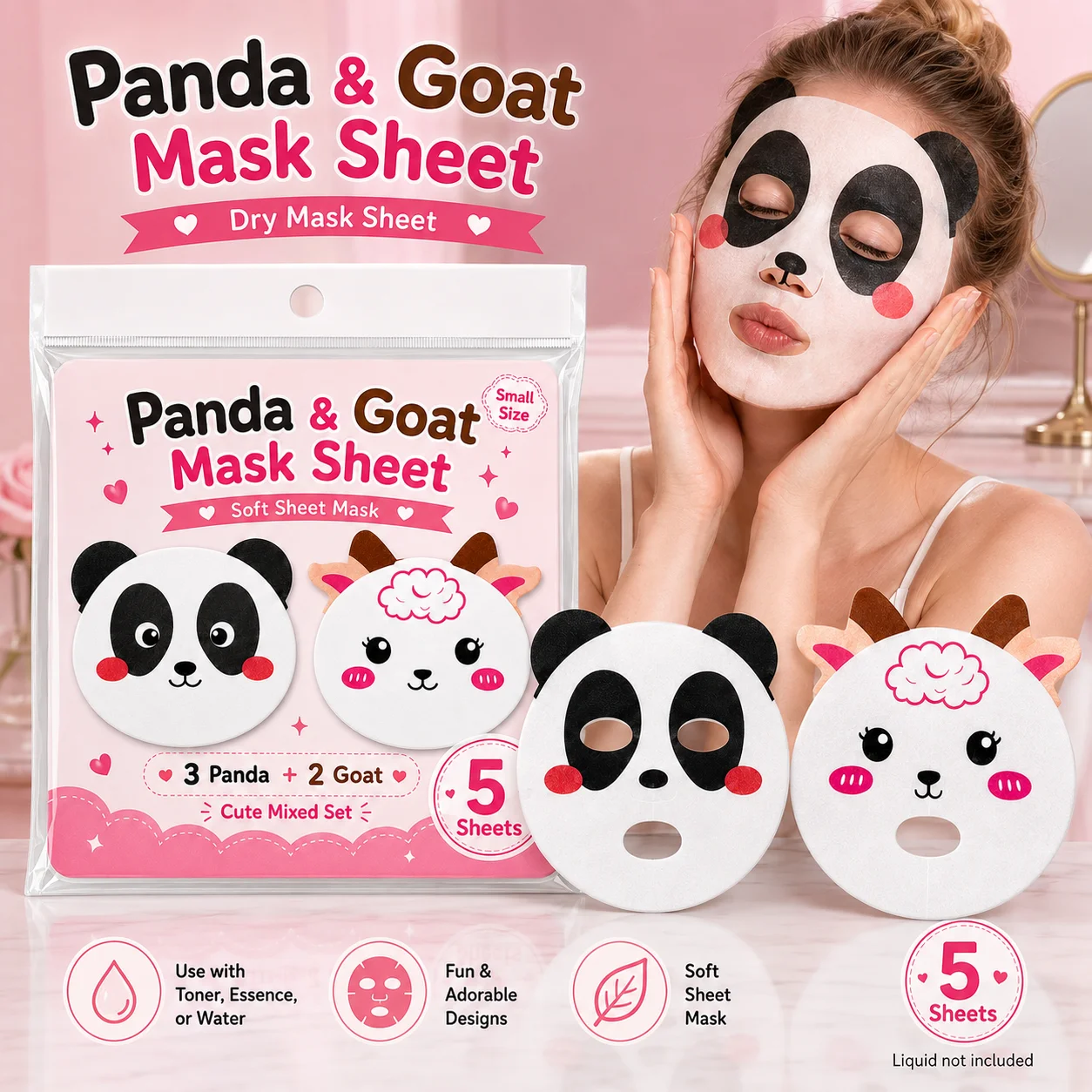 Sheet Face Mask Pack - 판다와 염소 디자인의 드라이 페이스 마스크